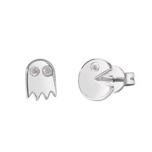Pac-Man and Ghost Stud Earrings Silver Plated Cubic Zirconia | NEW